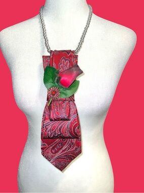 Beautiful Red Paisley Silk Tie Necklace with Rose Accent
